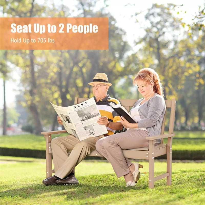 2-Person HDPE Outdoor Garden Bench, 52" All-Weather Patio Bench with Slatted Backrest & Armrests, 705lbs Capacity for Park, Backyard, Porch