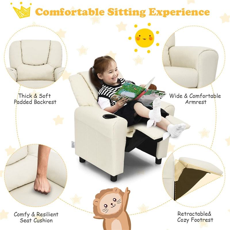 Kids Recliner Chair with Cup Holder, Armrests & Retractable Footrest, Children PU Leather Sofa Armchair, Ergonomic Toddler Room Furniture