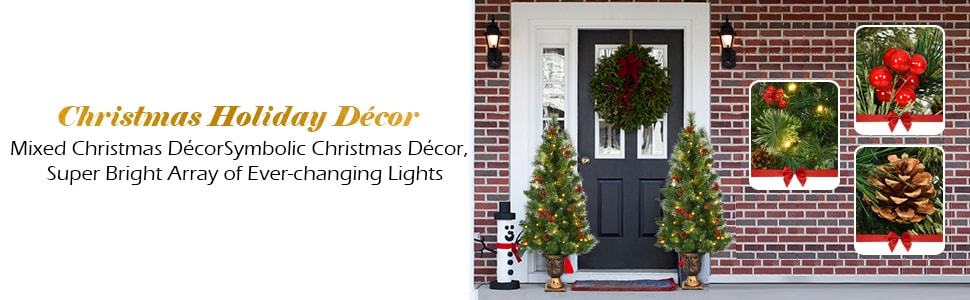 5FT PreLit Entrance Christmas Tree Artificial Tabletop Xmas Tree with 100 LED Lights & Red Berries Pine Cones