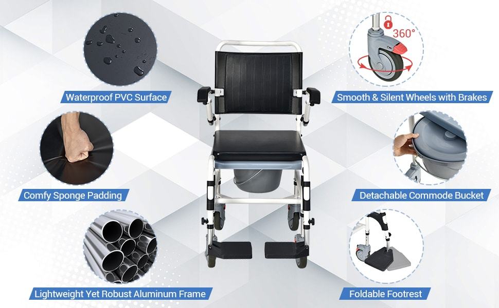 4-in-1 Bedside Commode Chair Shower Commode Wheelchair Padded Mobile Toilet Chair with Detachable Bucket, Height Adjustable, Flip-up Footrest