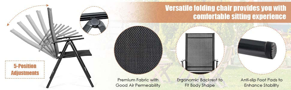 Set of 2 Patio Folding Dining Chair Adjustable Reclining Camping Chair Portable Outdoor Chair