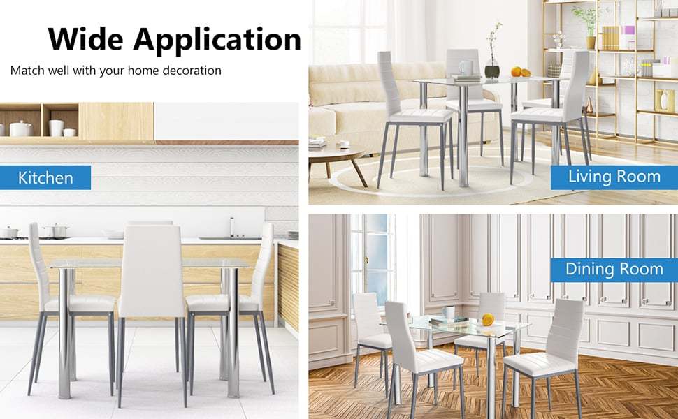 5 Piece Modern Dining Room Set with Tempered Glass Dining Table & 4 PVC Leather Chairs