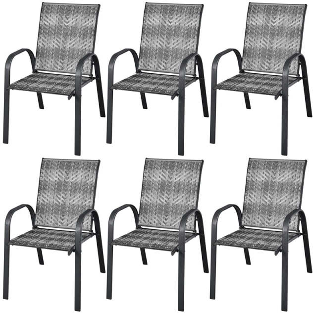 Outdoor PE Wicker Stackable Chairs Set of 6, Patio Rattan Dining Chairs with Armrest & Sturdy Steel Frame for Garden, Backyard, Deck, Lawn