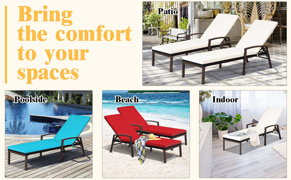 2 PCS Outdoor Rattan Patio Chaise Lounge Chair with Adjustable Backrest