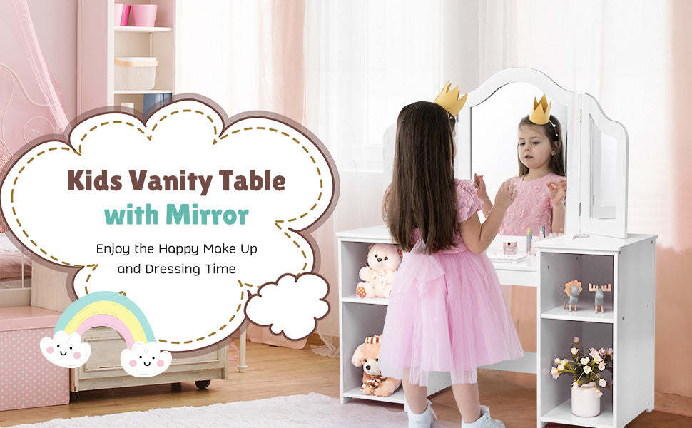 2-in-1 Kids Vanity Table Set Makeup Dressing Table with Tri-fold Mirror Detachable Top & Storage Shelves