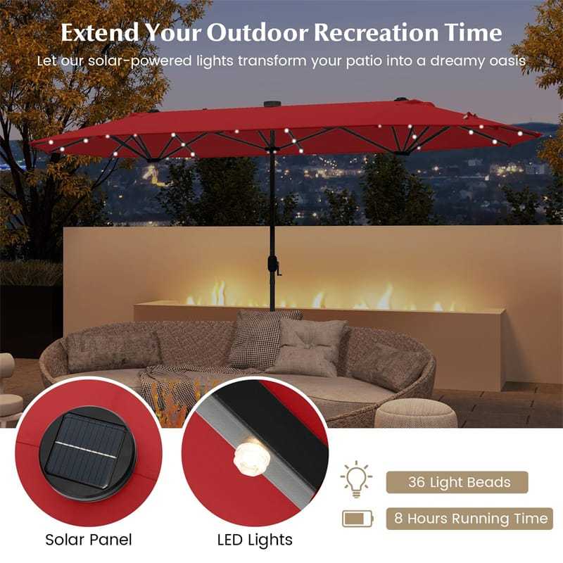 13FT Double-sided Patio Umbrella with Base, 36 Solar LED Lights & Crank Handle, Large Twin Table Umbrella for Poolside, Outdoor Dining
