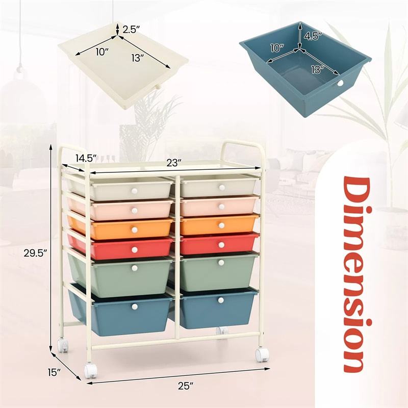 12-Drawer Rolling Storage Cart, Multipurpose Organizer Cart with Lockable Casters, Mobile Utility Cart for School Office Beauty Salon