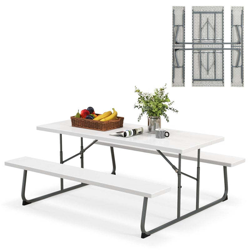 8-Person 6FT Folding Picnic Table & Bench Set, Heavy Duty All-Weather HDPE Outdoor Dining Table with Umbrella Hole & 2 Built-in Benches