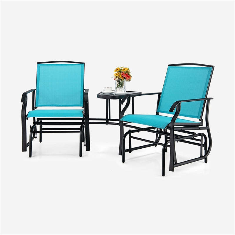 Bestoutdor Double Glider Chairs with Glass Table & Umbrella Hole, Steel Frame Patio 2-Person Rocking Chairs Breathable Fabric