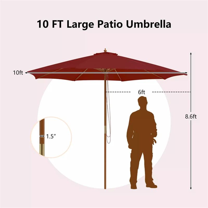 10FT Wooden Patio Umbrella with Rope Pulley Lift, 3 Height Adjustments, 8 Bamboo Ribs, Vented Roof Outdoor Table Umbrella for Poolside, Backyard