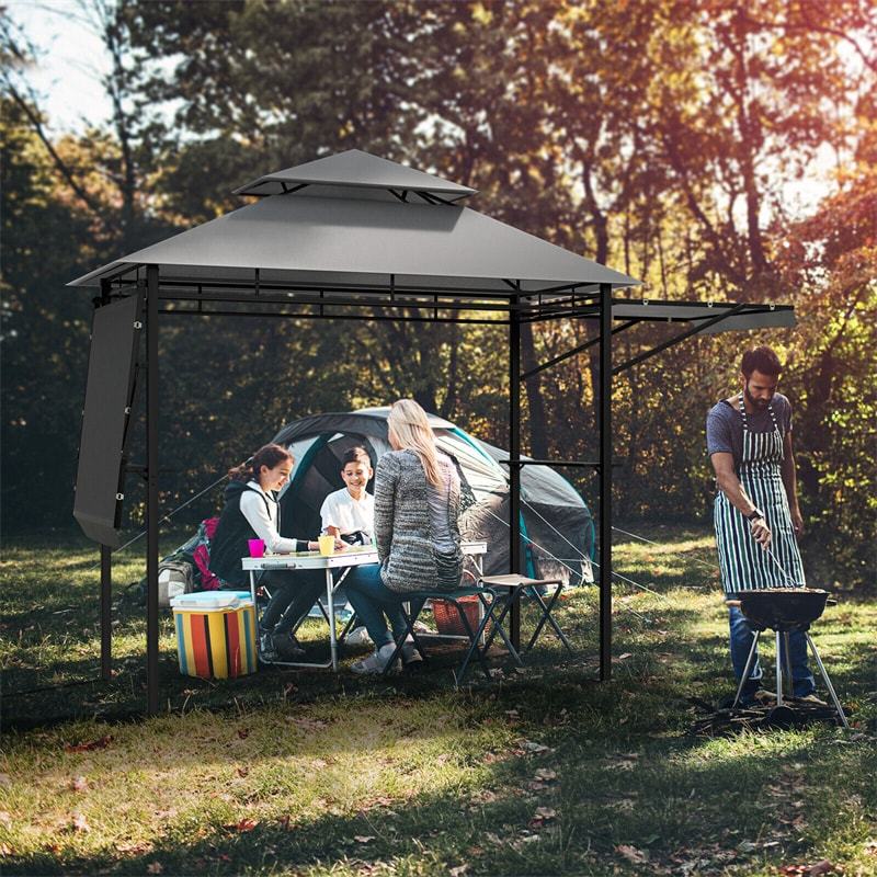 13.5x4FT Heavy-Duty Steel Grill Gazebo with Dual Side Awnings & Storage Shelves, Flame-Retardant 2-Tier Canopy Gazebo for Patio Backyard Garden
