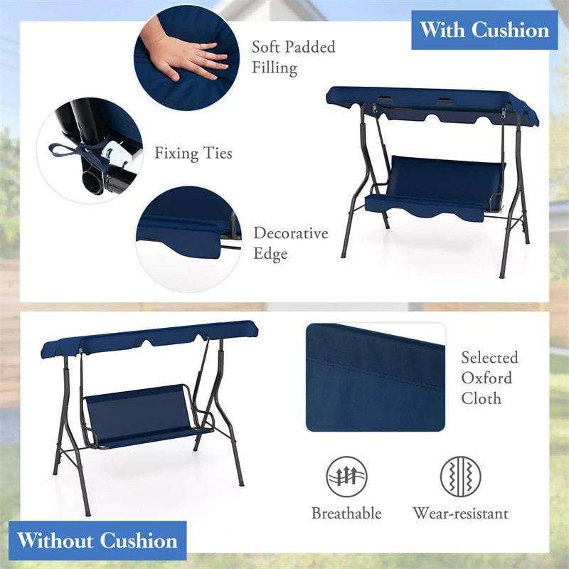 3-Seat Patio Swing with Adjustable Canopy & Removable Cushion, Powder-Coated Steel Frame Outdoor Porch Swing for Backyard, Garden, Balcony