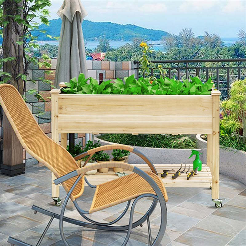 Elevated Wooden Garden Bed on Wheels, Raised Planter Box with Legs, Liner, Storage Shelf & Drainage Holes for Vegetables Flowers Herbs, Backyard Patio