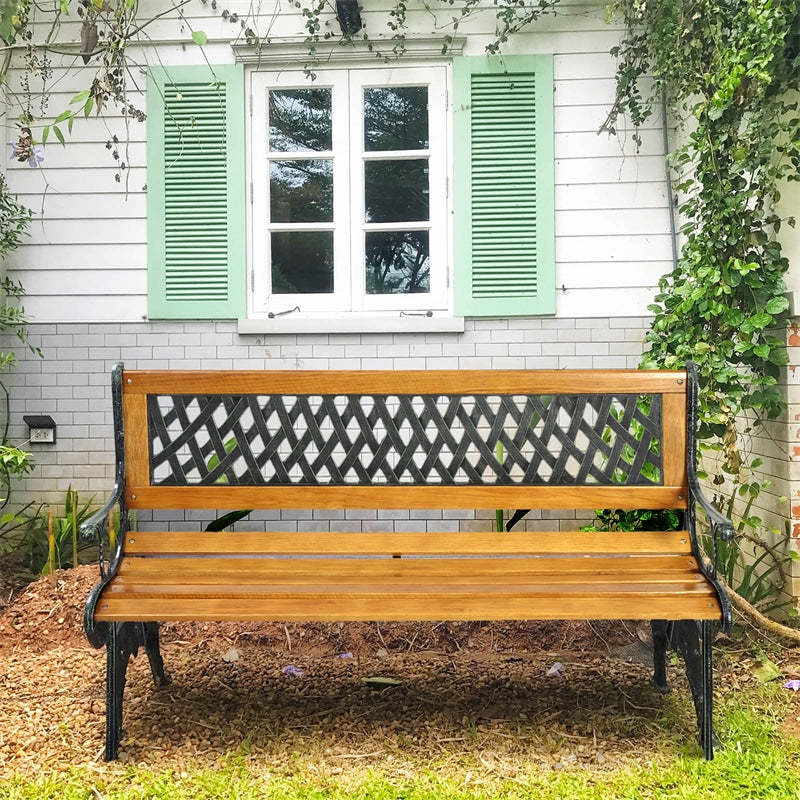 50" Patio Park Bench, Cast Iron Hardwood Outdoor Garden Bench with Backrest, Slatted Seat & Curved Armrests, Weatherproof Porch Path Chair