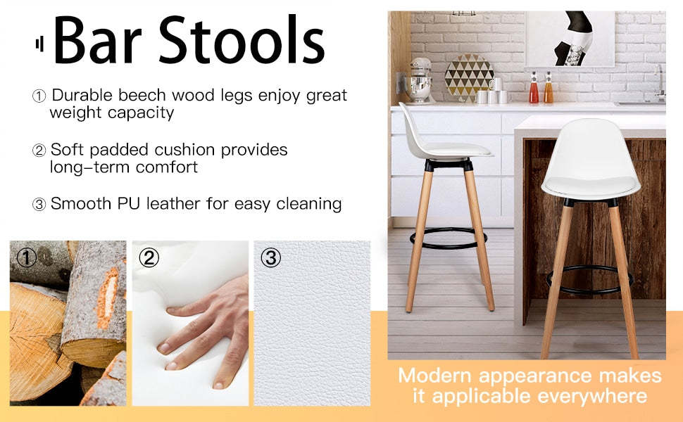 28.5" Mid-Century Barstool Set of 2 Armless Dining Pub Chair with PU Leather Seat & Round Metal Footrest