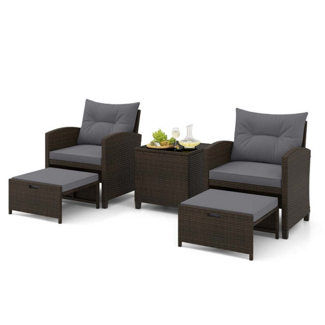 5-Piece Patio Rattan Furniture Set, Cushioned Wicker Chairs with 2 Ottomans & Glass Coffee Table, Outdoor Sectional for Porch Backyard Poolside