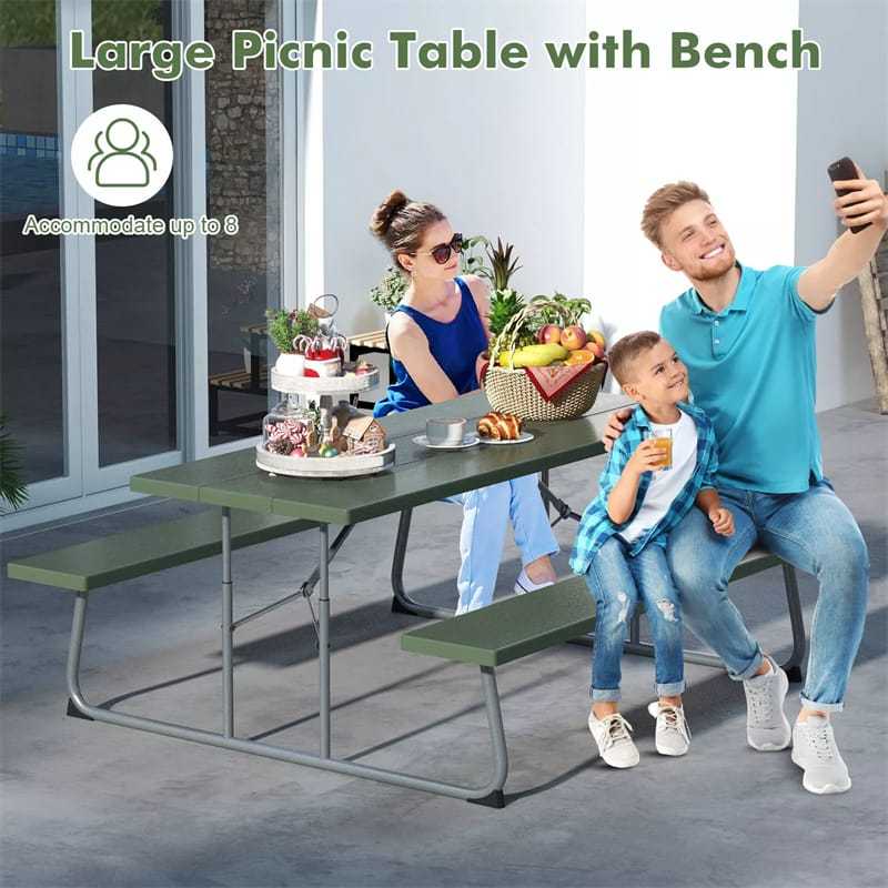 8-Person 6FT Folding Picnic Table & Bench Set, Heavy Duty All-Weather HDPE Outdoor Dining Table with Umbrella Hole & 2 Built-in Benches