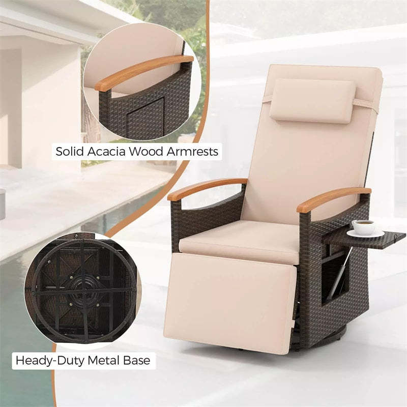 2PCS Outdoor 360° Swivel Rattan Recliner Chair, Patio Wicker Chaise Lounge Chair with Flip Side Table, Cushion, Adjustable Backrest & Footrest