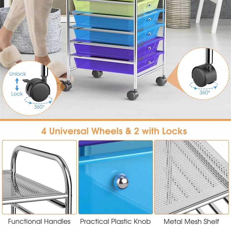 10-Drawer Rolling Storage Cart, Utility Cart with Drawers & Lockable Wheels, Mobile Art Craft Drawer Cart for Home Office, School