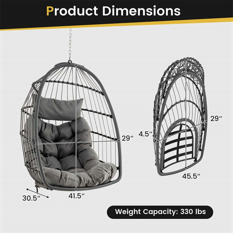 Foldable Wicker Hanging Egg Chair Indoor Outdoor Basket Swing Chair with Large Seat Cushion Soft Pillow & Hanging Kit Chain