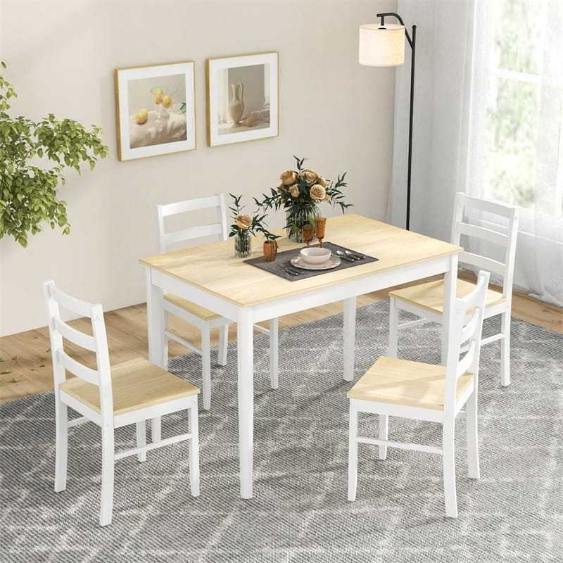 Dining Table Set for 4, Solid Wood Rectangular Table 4 Chairs Set 5-Piece Farmhouse Dinette Set Space-Saving Kitchen Furniture