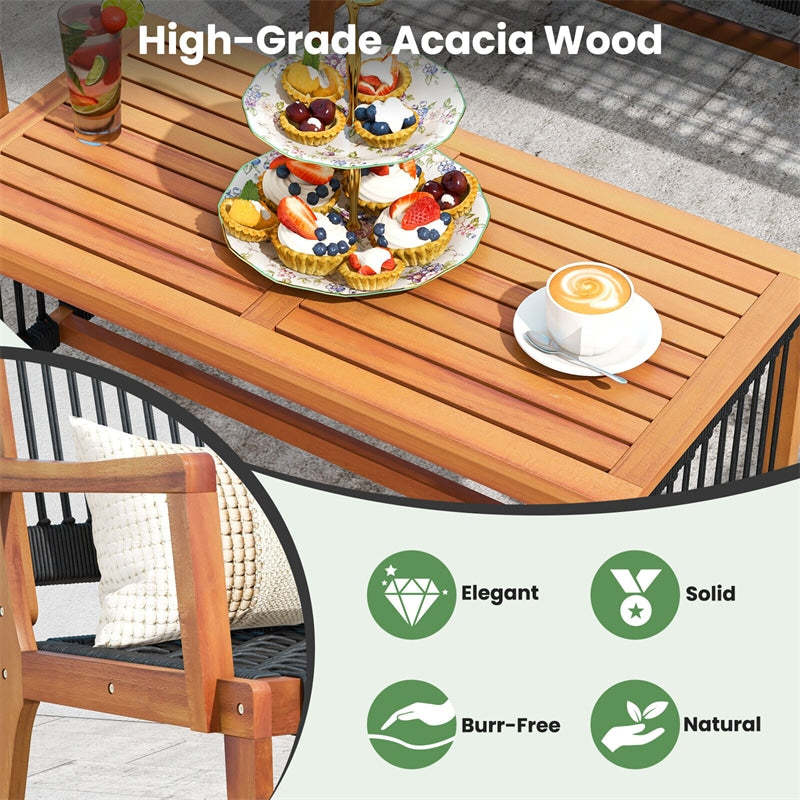 4pcs Acacia Wood Outdoor Conversation Table Chair Set Patio Chat Set with Coffee Table & Hand-Woven Rope Loveseat Chairs