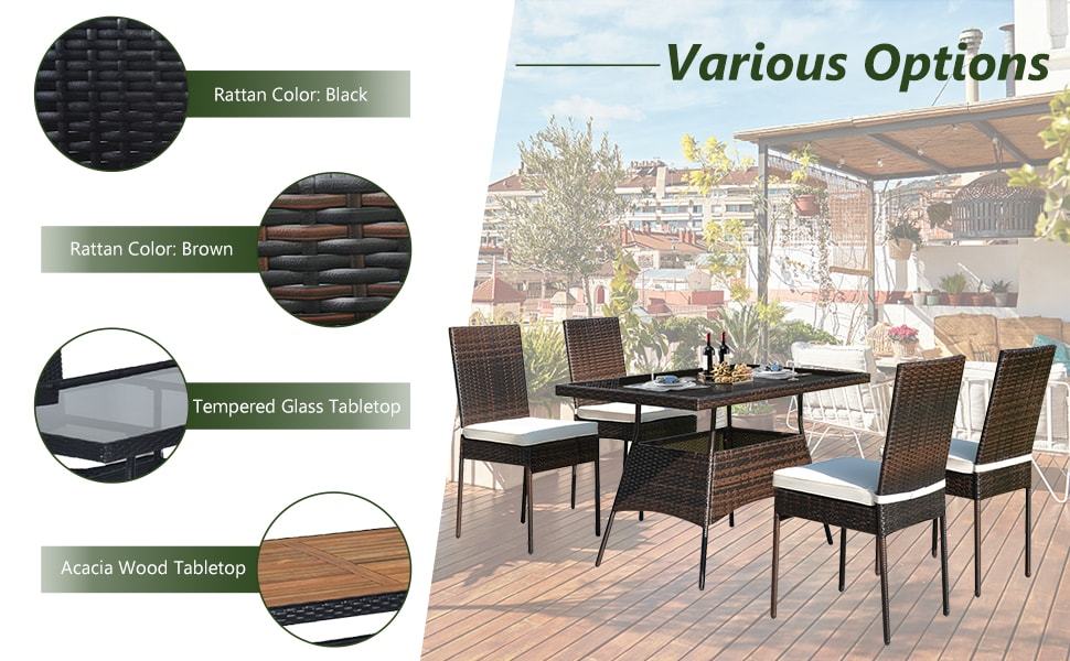 5 Piece Wicker Outdoor Rattan Patio Dining Set Glass Table & Cushioned Chairs