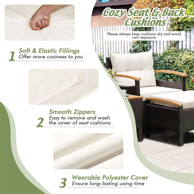 5PCS Patio Rattan Furniture Set Outdoor Conversation Set with Acacia Wood Top Coffee Table 2 Ottomans Seat & Back Cushion