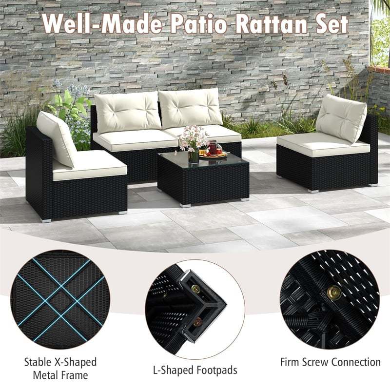 5-Piece Outdoor PE Wicker Sectional Sofa Furniture Set Patio Conversation Set with Tempered Glass Side Table, Seat & Back Cushions