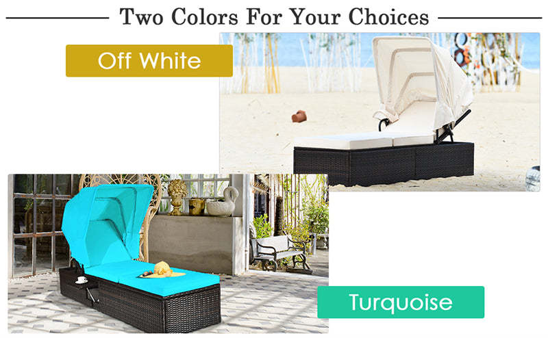 Rattan Outdoor Chaise Lounge Chair with Folding Canopy & Flip-up Tea Table