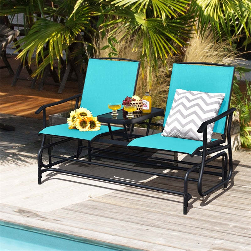2-Person Outdoor Glider Chair with Center Tempered Glass Table, Steel Frame & Breathable Mesh, Patio Rocking Bench for Porch Garden Poolside