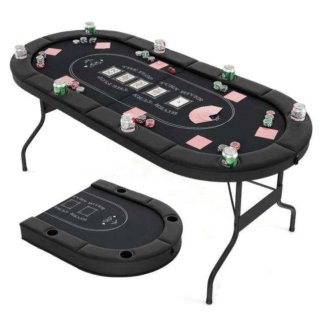 72" Foldable Poker Table, 8-Player Texas Holdem Card Table with Cup Holders, Casino Grade Felt, Portable Oval Blackjack Table for Home Game Room
