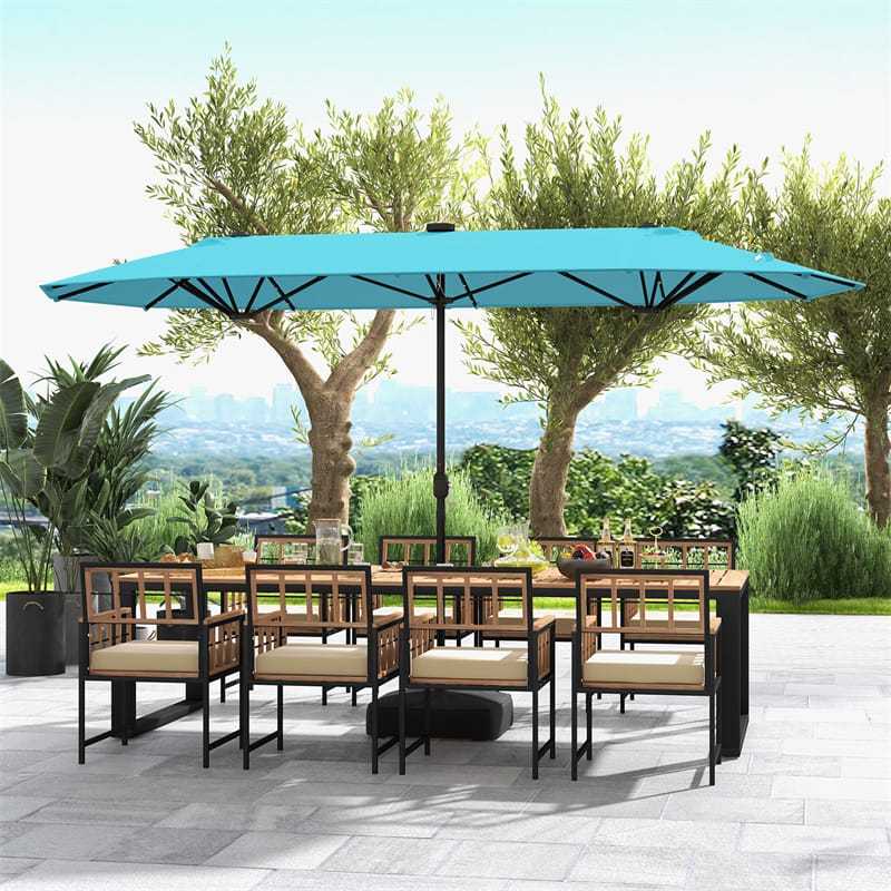13FT Double-sided Patio Umbrella with Base, 36 Solar LED Lights & Crank Handle, Large Twin Table Umbrella for Poolside, Outdoor Dining