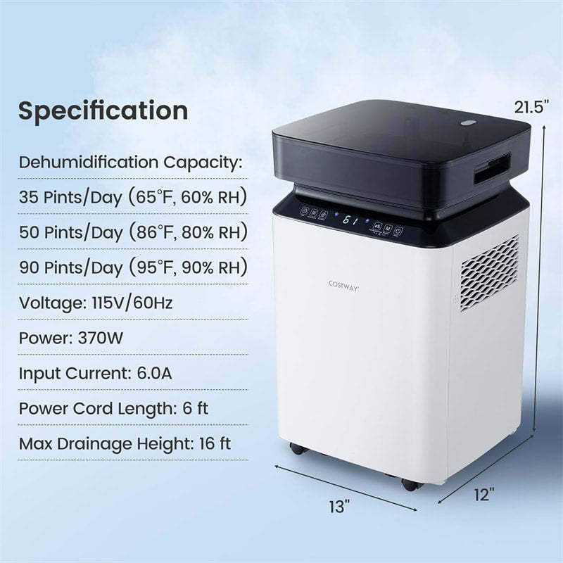 90 Pint Dehumidifier with Pump & Drain Hose for Basement Home, 6000 Sq.Ft High Efficiency Dehumidifier with 4 Wheels & 2.2 Gal Water Tank