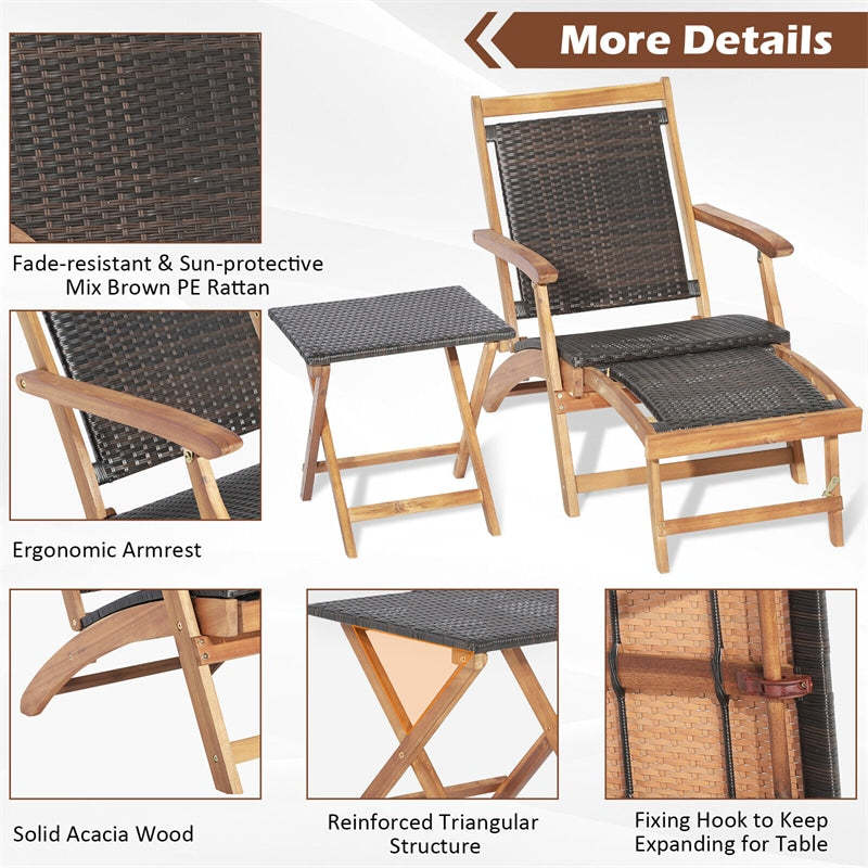 2-Piece Acacia Wood Folding Wicker Patio Lounge Chair Side Table Set with Retractable Footrest