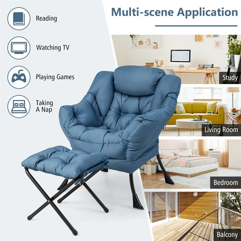 Modern Fabric Lazy Chair Upholstered Accent Sofa Chair Leisure Lounge Armchair with Folding Ottoman & Storage Pocket