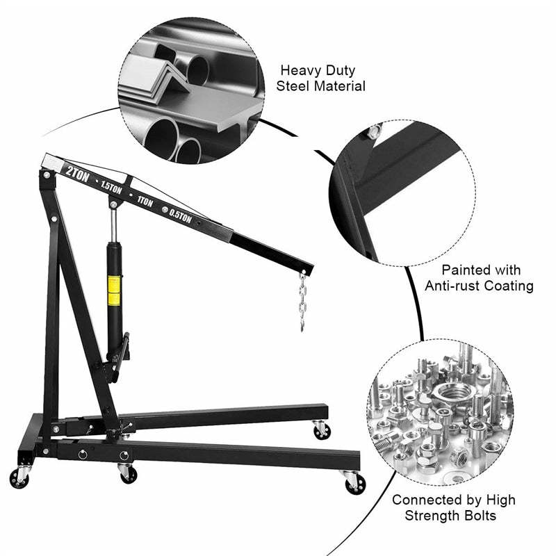 2 Ton Folding Engine Hoist, Heavy Duty Hydraulic Shop Crane with 6 Wheels, Adjustable Load Arm & 4400 LBS Capacity for Garage, Workshop