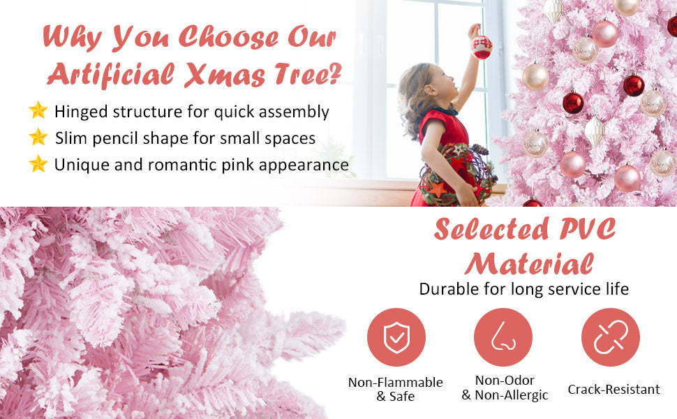 7ft Pre-Lit Pencil Christmas Tree Snow Flocked Hinged Xmas Tree with 800 Branch Tips 300 LED Lights 8 Lighting Modes