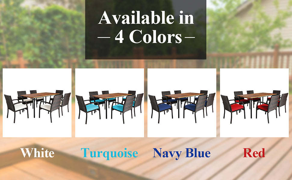 7 Pieces Acacia Wood Wicker Patio Dining Set with Cushions & Umbrella Hole