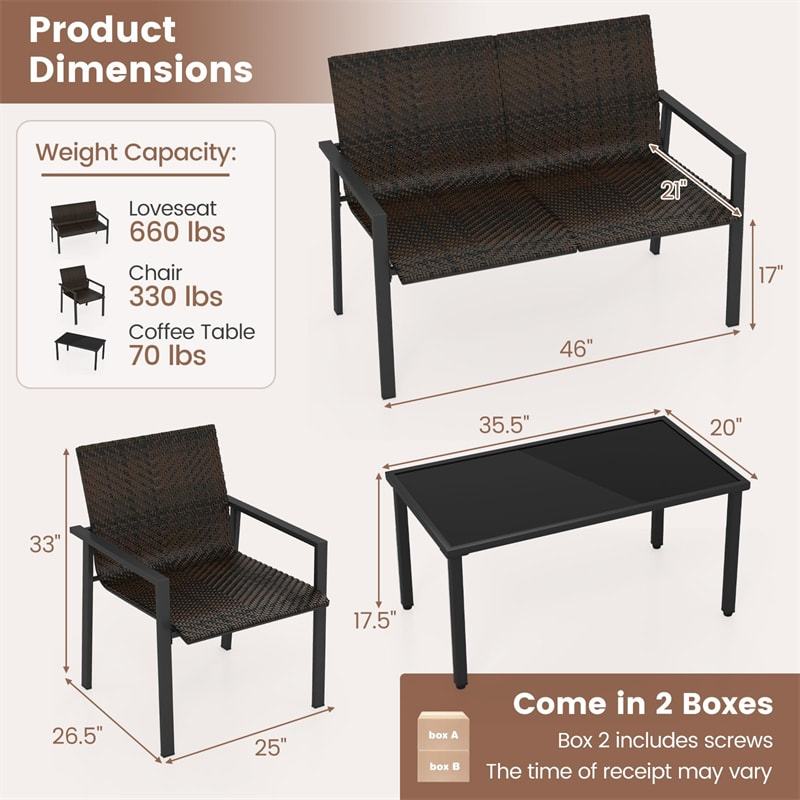 4 Piece Patio PE Rattan Furniture Set Outdoor Wicker Loveseat Chair Table Set Heavy Duty Galvanized Metal Frame for Small Space Balcony