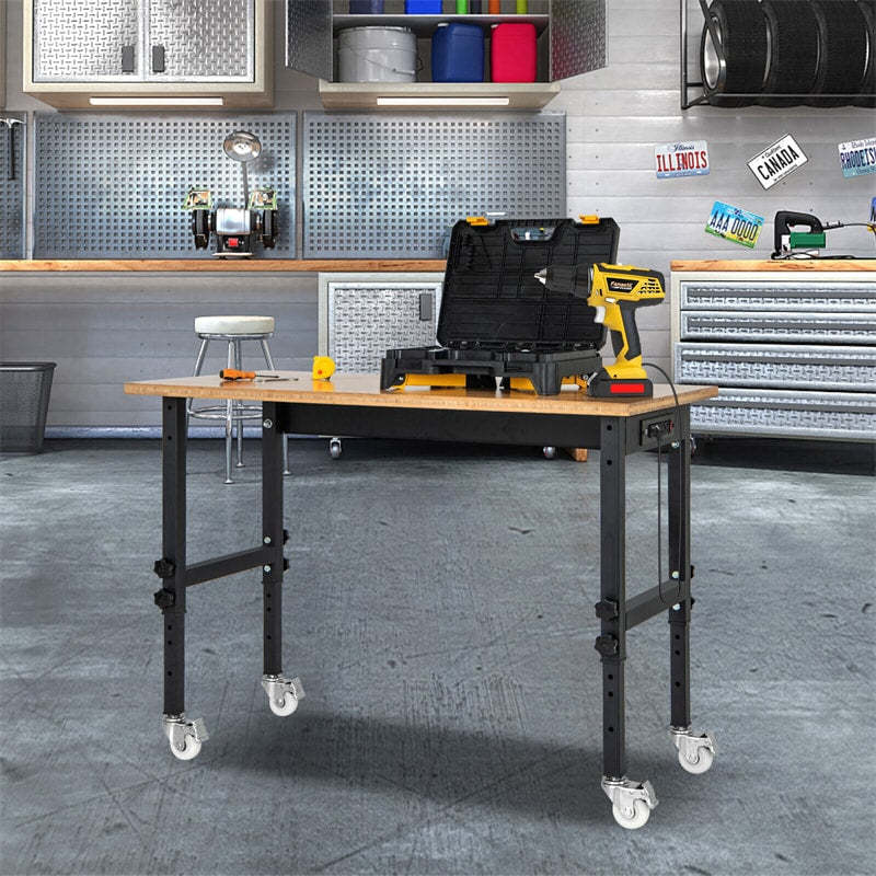48" Heavy-Duty Mobile Workbench, Height Adjustable Work Table with Power Outlet, Removable Wheels, Bamboo Top for Garage Workshop, 2000 Lbs