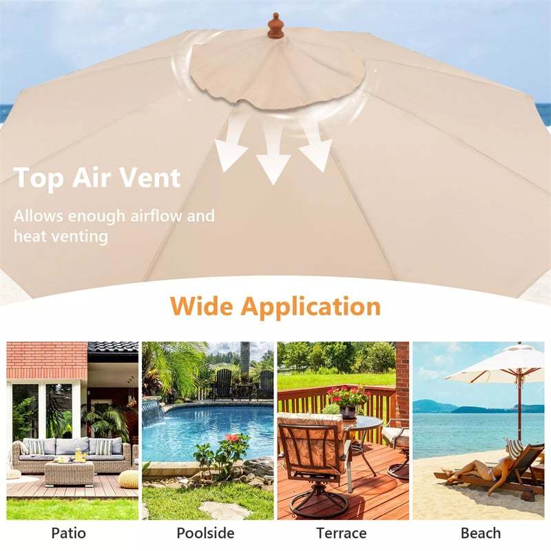 9.5FT Rope Pulley Lift Patio Umbrella Wooden Outdoor Market Umbrella Height Adjustable Table Parasol with 8 Fiberglass Ribs