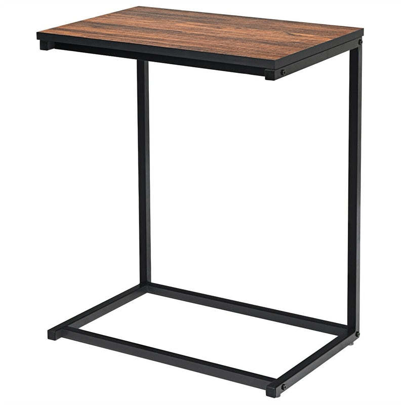 Sofa Side Table, C-Shaped End Table with Wooden Top & Steel Frame, Vintage Couch Table for Coffee, Laptop, Snack, Living Room TV Tray Table