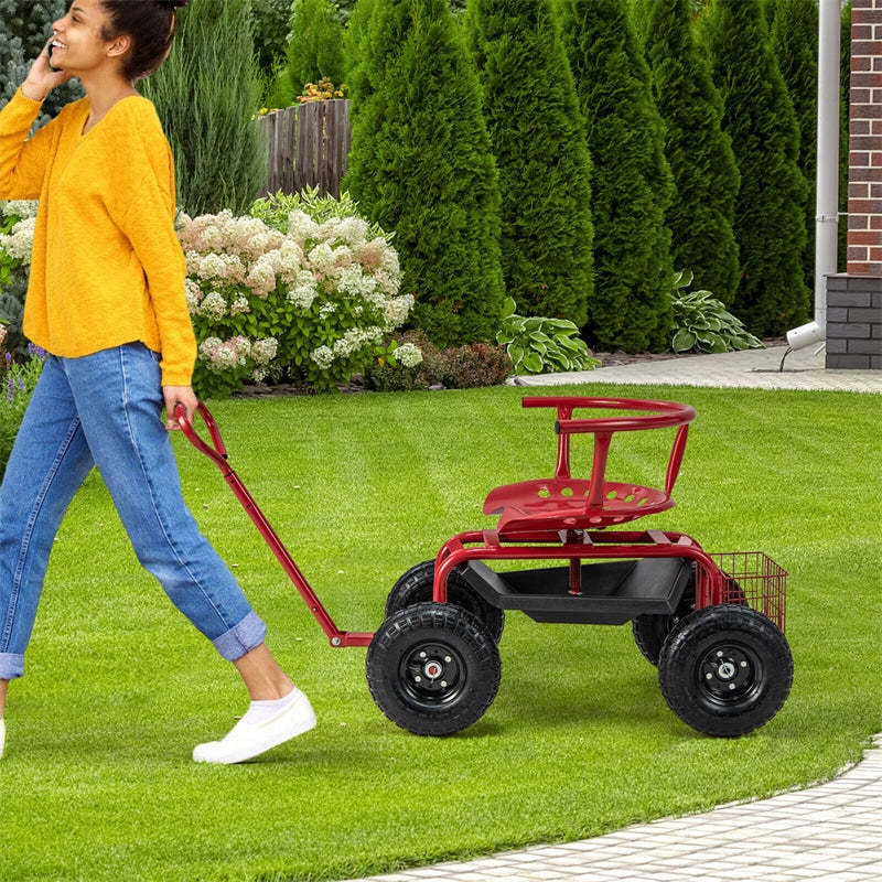 Rolling Garden Cart, Height Adjustable Garden Scooter with 360° Swivel Work Seat, Tool Tray, Storage Basket & Handle for Yard Gardening Work