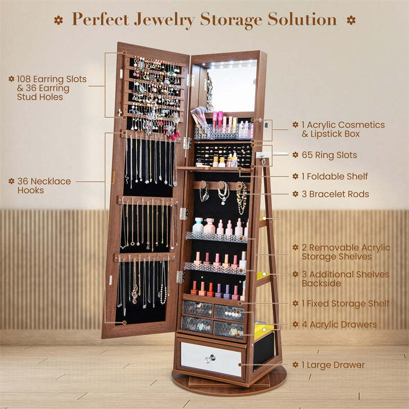 360° Swivel Jewelry Cabinet Armoire, Full-Length Mirror with LED Lockable Jewelry Organizer, Hairdryer Holder, Drawer, Rear Storage Shelves