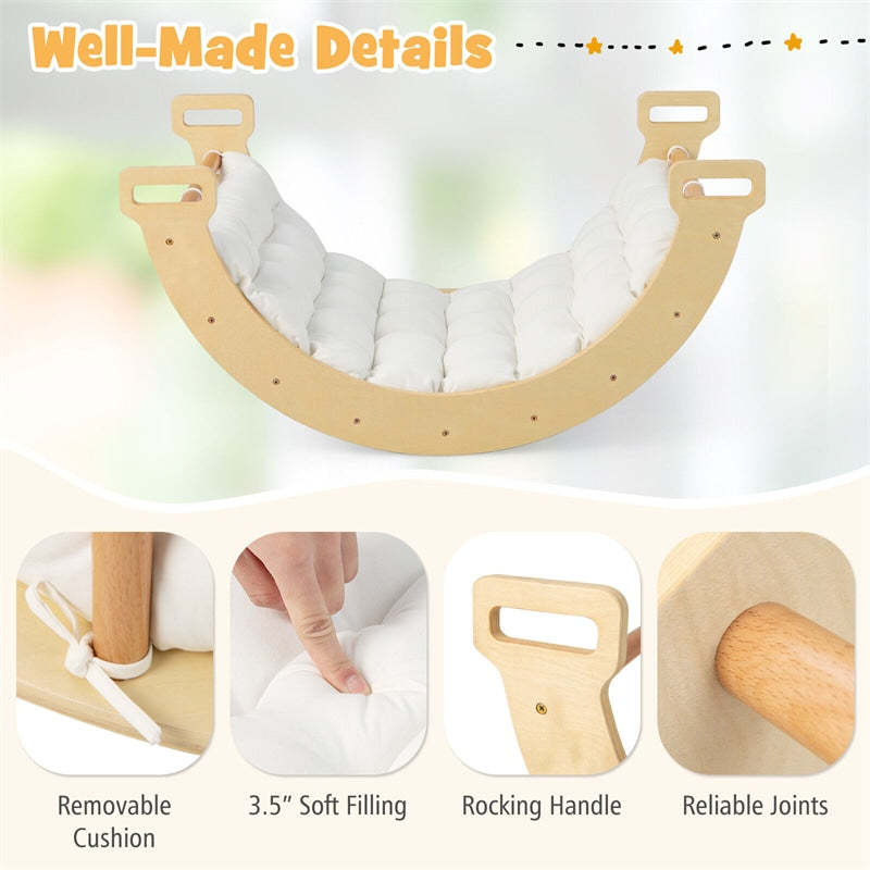Wooden Arch Rocker with Soft Cushion, 3-in-1 Montessori Climbing Arch for Toddlers & Kids, Pikler Climber Ladder Toy for Indoor/Outdoor Play