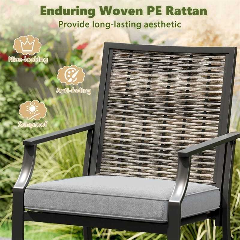 Outdoor Metal Bar Stools Set of 2 with Rattan Back, Fabric Seat & Cushions, 330 LBS Capacity Counter Height Patio Chairs for Backyard, Poolside