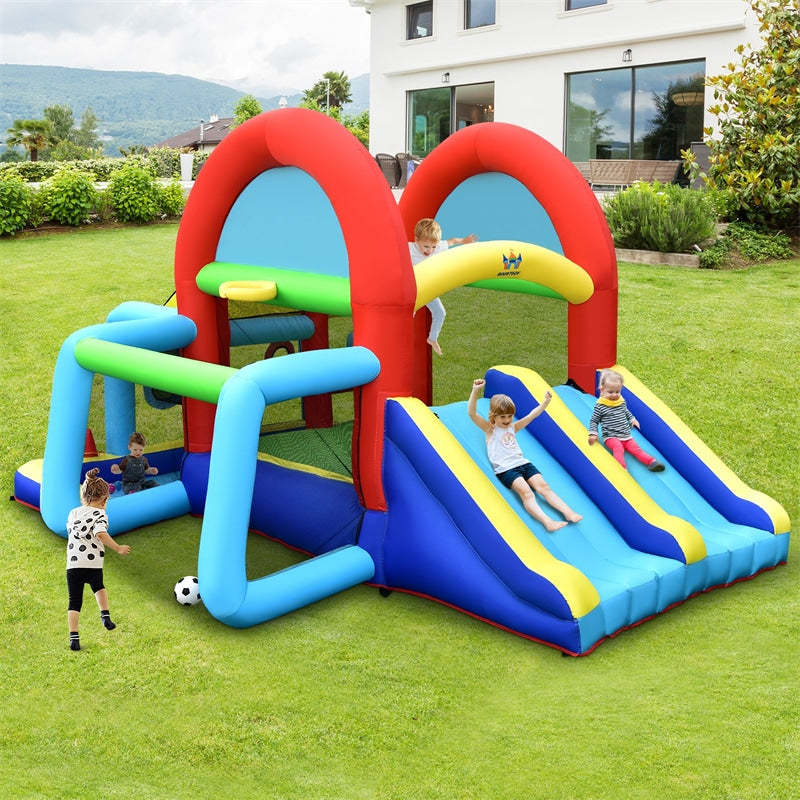 WELLFUNTIME Inflatable Water Double Slides Park, Bounce House With Arched Water Gun Spray, Jumping Castle With Air Blower