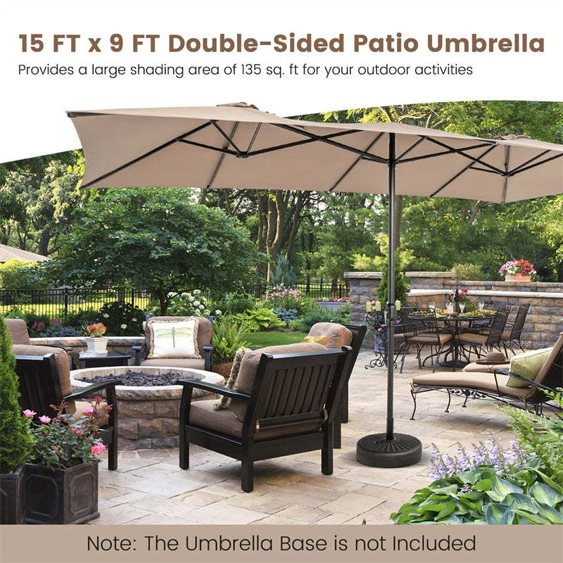 15FT Double-Sided Patio Umbrella with Crank Handle, Vented Top, 10-Rib Metal Frame, Large Twin Market Umbrella for Poolside, Deck, Lawn, Garden