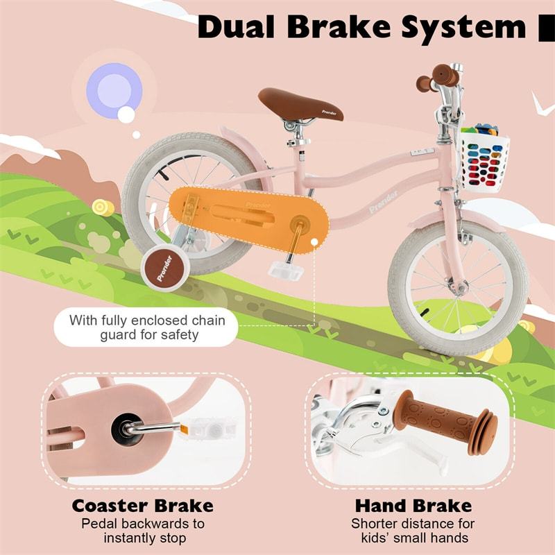 14" Kids Bike, Toddler Bicycle Girls Boys Bike for 3-8 Years Old with Training Wheels Adjustable Seat Removable Basket
